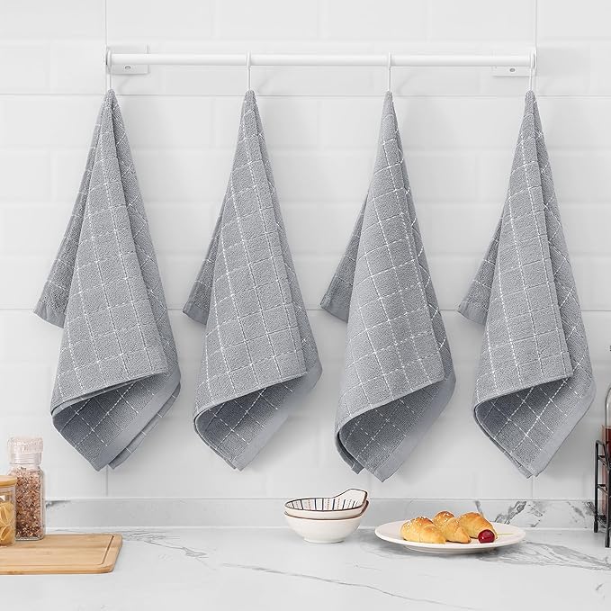 Mordimy 100% Cotton Terry Cloth Kitchen Towels, Super Soft and Absorbent Dish Towels for Drying, Checkered Designed Hand Towels for Kitchen, 16 x 26 Inches, 6 Pack, Light Grey
