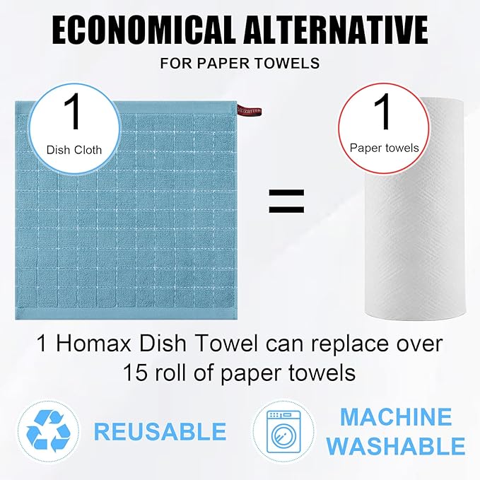 Homaxy 100% Cotton Terry Kitchen Dish Cloths, Ultra Soft and Absorbent Dish Towels for Kitchen, Suitable for Drying and Washing Dishes, 12 Pack, 12 x 12 Inches, Lake Blue