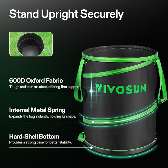 VIVOSUN 47-Gallon Collapsible Garden Bag, Yard Waste Bin with Hard-Shell Bottom, Leaf Scoops and Gloves, Collapsible Yard Waste Containers for Lawn Care and Camping, 4-Pack