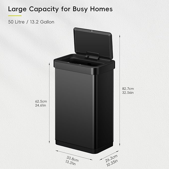 EKO EcoNova 13.2 Gallon/ 50L Automatic Sensor Kitchen Trash Can, Stainless Steel Touchless Garbage Bin with Soft-Close &Stay-Open Lid, Fingerprint-Resistant, Matte Black