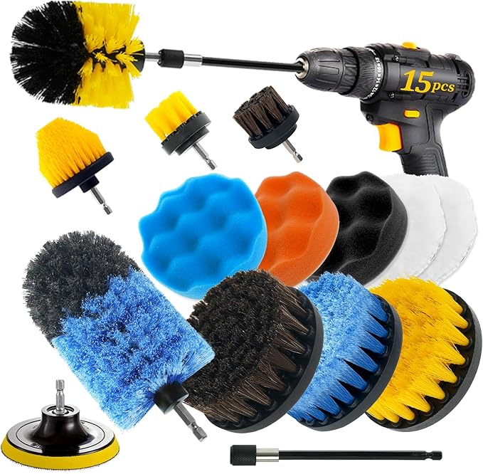 15 Pcs Drill Brush Attachments Set Hard and Soft Bristles Horsehair Brush Cleaning Kit Scrub Sponge Polishing Pads for Home Bathroom Car Kitchen Corners Sink Stubborn Stains Tiles