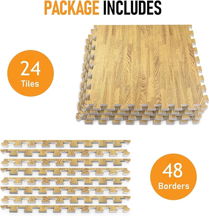 HomeCube USA 3/8 Inch Thick Interlocking Wood Grain Foam Floor Tiles for Home, Office, Workout Equipment Space, Commercial Areas, Anti-Fatigue Flooring Padding 24x24 in, Medium Oak, 96 SQ Ft -24 Tiles