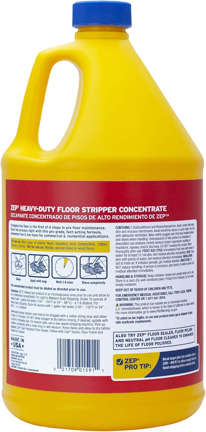 Zep Heavy-Duty Floor Stripper Ammonia Free Concentrate - 1 Gallon (Case of 2) ECZULFFS1282 - Low-Foaming Formula Removes Finish, Polish, and Heavy Buildup on Flooring