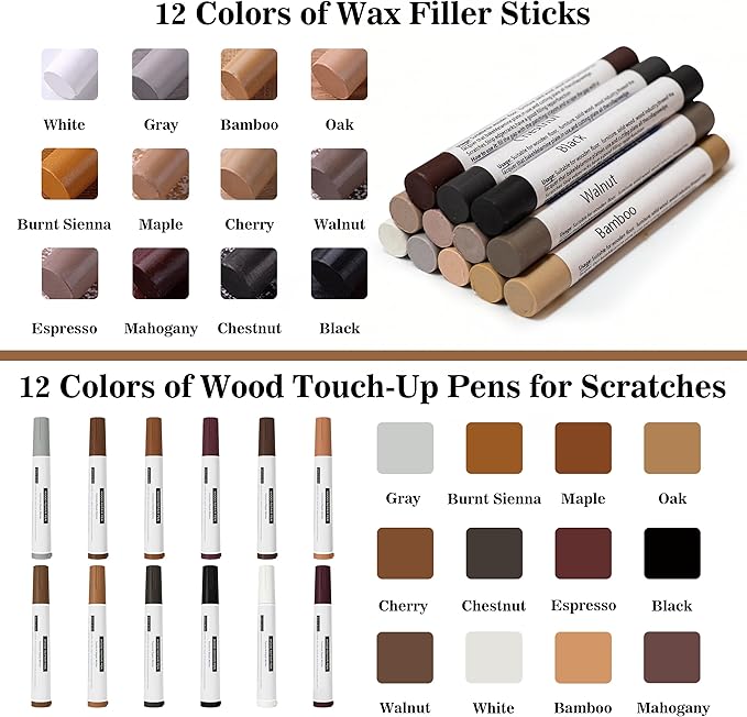 Oriflame Wood Furniture Repair Kit: 12-Color Furniture Markers Touch Up & 12-Color Wood Filler Sticks for Scratches/Stains/Cracks/Holes in Floors/Table/Cabinets/Door(Hardwood/Laminate)