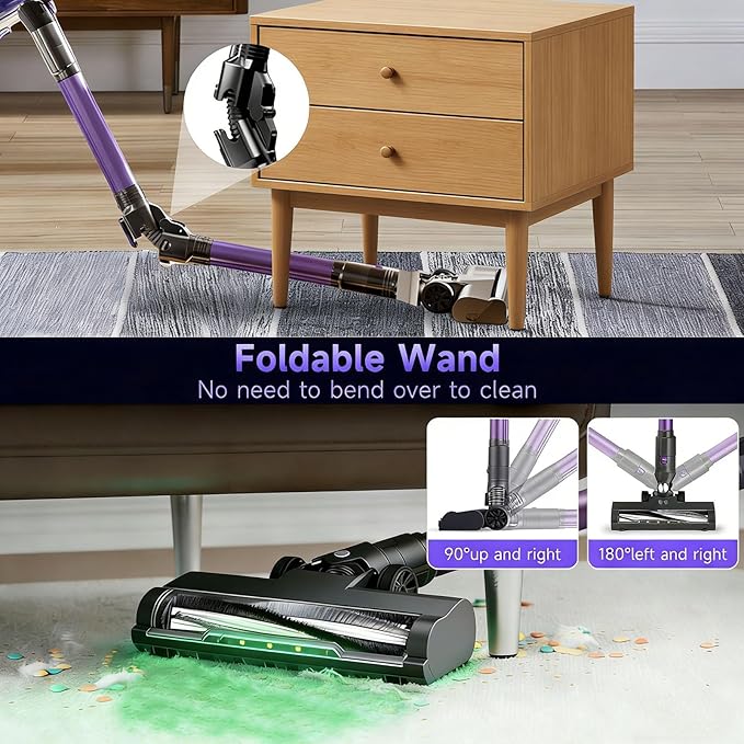 Cordless Vacuum Cleaner, Vacuum Cleaners for Home with 180° Bendable Wand | Green LED Light, Self-Standing, 1.5L Dust Cup, Washable HEPA Filter| Lightweight Stick Vacuum for Hardwood Floors