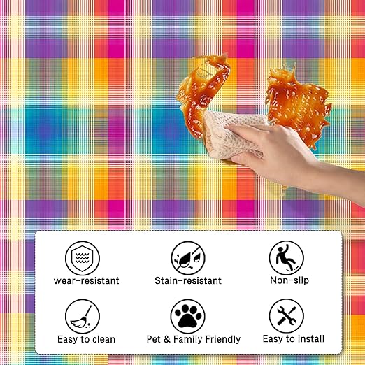 Nuxovilar Peel and Stick Vinyl Floor Tiles - 12x12 Inch Colorful Plaid Pattern, 10 Pcs Self-Adhesive Flooring for Easy Installation