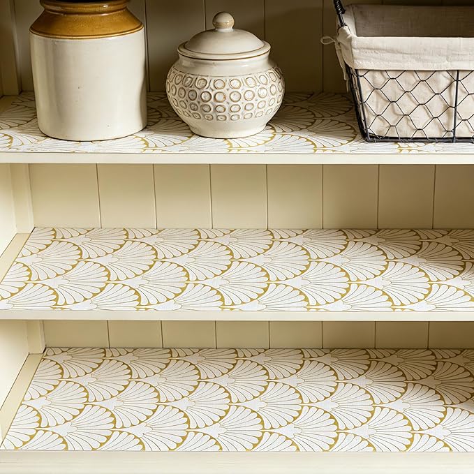 Shelf Liners Non Adhesive Gold Background White Fan-Shaped Pattern - Thickened Non-Slip Easy to Clean Drawer Liner for Kitchen Cabinets, Tool Box,Refrigerator,with Knife & Tape Measure,17in x 20FT.