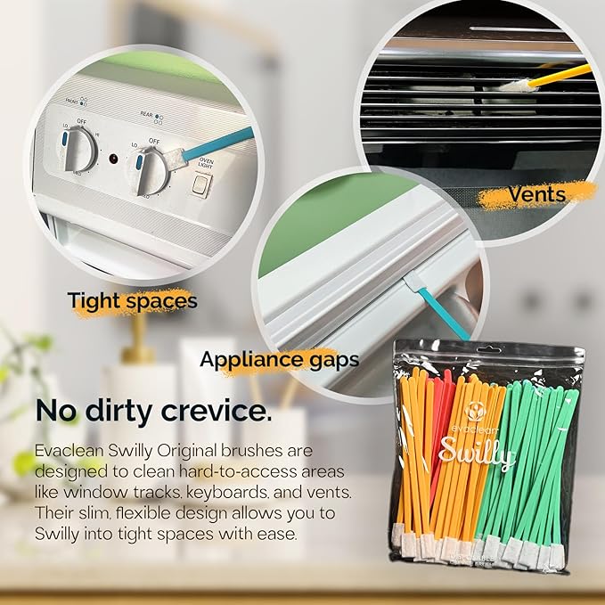 Evaclean Swilly Original Disposable Crevice Brushes - 100 Pack - Versatile Cleaning Tool for Tight Spaces, Window Tracks, Keyboards, Car Vents, and Household Use (Multicolor)