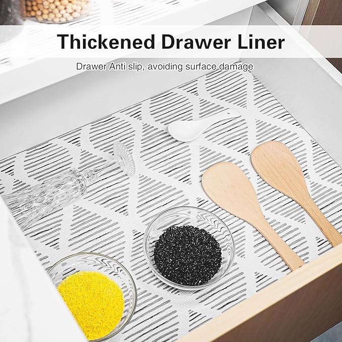 Drawer and Shelf Liners for Kitchen Cabinet,Non-Adhesive Cabinet Liner 24in x 10FT,Waterproof Shelf Paper Non-Slip Mats Cupboard Liner Contact Protect Dresser/Shelves/Table-Square Stripes