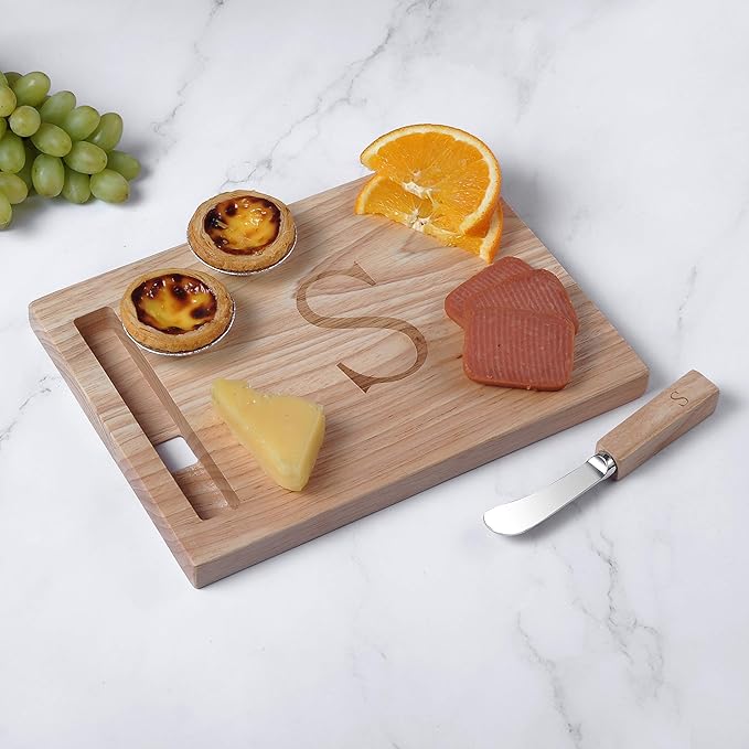 Miicol Wood Charcuterie Board, Monogram Cheese Board 10 Inch, Personalized Initial Cutting Board with Spreader, Unique Housewarming Gift, Ideal for Kitchen, Home, Letter S
