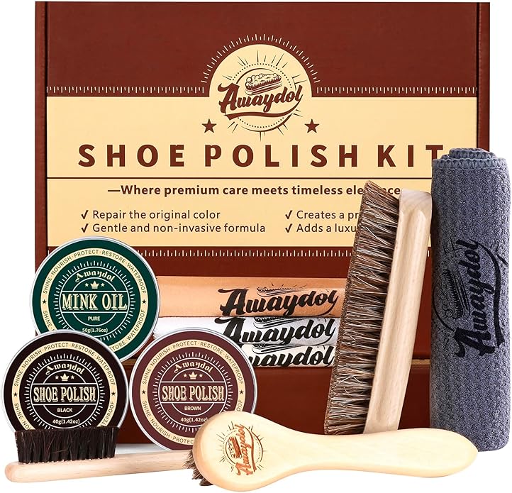 10 PCS Shoe Care Kit - Horsehair Brushes, Black Brown Polish Cream,Mink Oil Conditioner for Shoes,Polishing Cloth, Leather Boots Shine Care Kit ﻿Gift for Men Cowboy Husband Dad ﻿