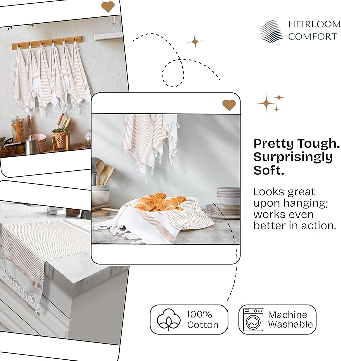 Beige Turkish Kitchen Towels 16x26 Inch, 12 Pack, 100% Cotton, Ultra Absorbent, Soft, Fast Dry, Machine Washable, Dish Towel with Tassels for Drying Dishes, Cleaning, Everyday Use