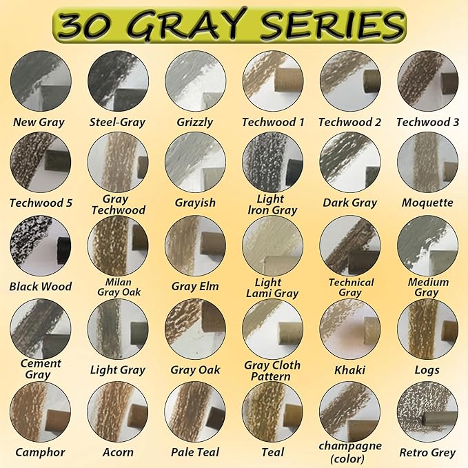 30+2p Wood Filler Sticks - 30 Colors Wood Markers Furniture Repair Wax Crayons with 2 Scrapers, Furniture Touch Up Markers Kit for Repairing Cabinets, Floors &Furniture, Gray Series