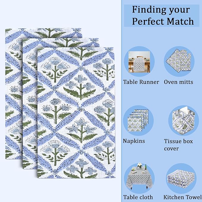Ridhi Light Steel Blue Hand Block Print Cotton Waffle Dish Cloth Set of 6-12x12 Inch Super Absorbent, Soft, Reusable Kitchen Towels for Dish Drying Cleaning, Ideal for Spring, Easter, Valentine
