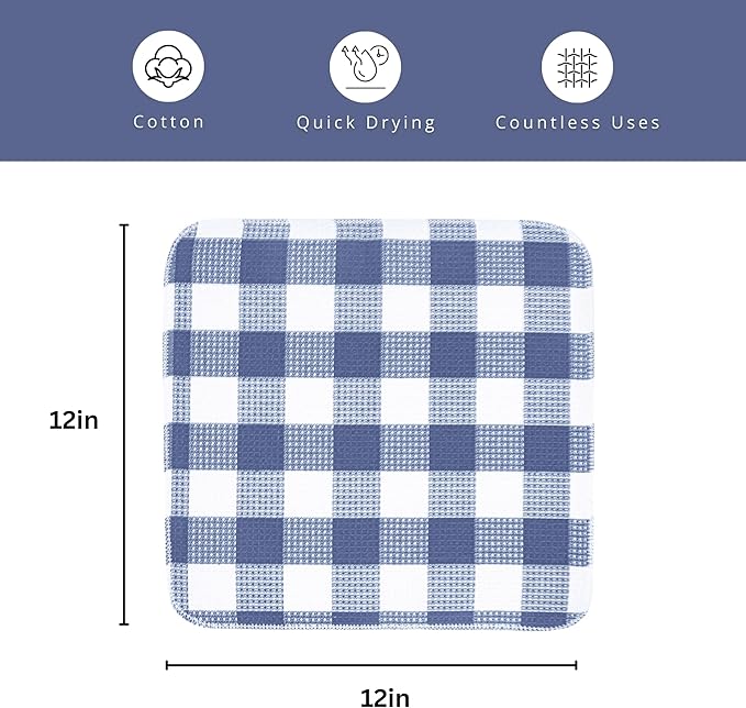 PurpleEssences Waffle Weave Plaid Dish Cloths, 100% Cotton, 12x12 Inch, Soft Absorbent Quick Drying Buffalo Check Dish Rags for Kitchen, 8 Pack, Christmas Holiday Winter - Smoky Grey and White
