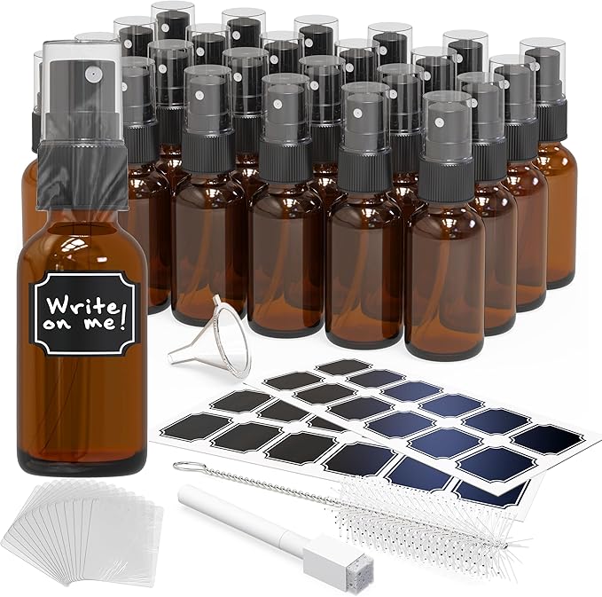 Nevlers 1 Oz Amber Glass Spray Bottles for Cleaning & Refreshment | Small Travel Spray Bottle 24 Pack w/Shrink Wrap, Funnel, Brush, Marker & Labels | Fine Mist Sprayer | Mini Perfume Refillable Bottle
