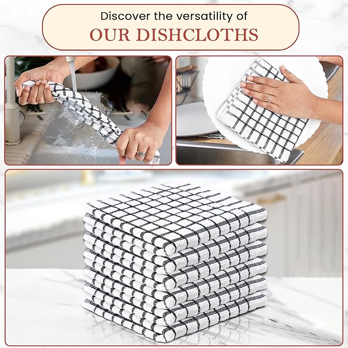 Vintage Vista 100% Cotton Dish Cloths (Pack of 6) - Dish Rags for Washing Dishes - Reusable & Highly Absorbent Kitchen Towels - Kitchen Rags for Christmas - (12" x 12" - Black Checkered)