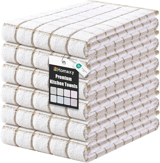 Homaxy Premium Kitchen Towels(16”x 28”, 6 Pack), Large Ring Spun Cotton Dish Towels, Super Absorbent Soft Terry Kitchen Hand Towels, Check Design Tea Towel Set with Hanging Loop, Tan