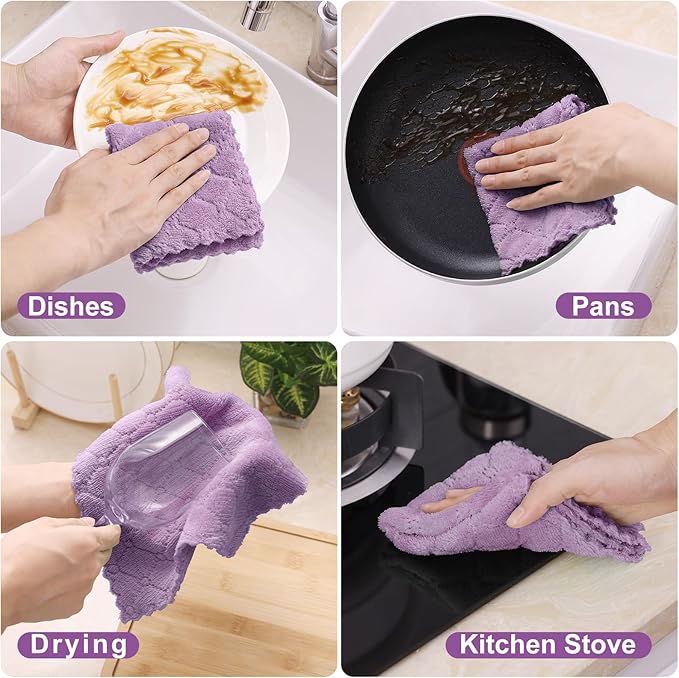 Homaxy 12 Pack Kitchen Cloths Dish Towels (10" x 10", Purple), Super Soft and Absorbent Dish Cloths, Coral Velvet Microfiber Cleaning Cloth, Nonstick Oil Fast Dry Dishcloths