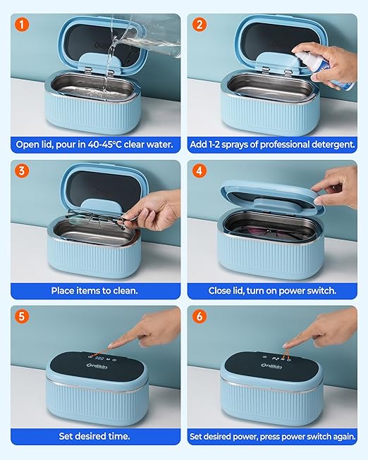 45KHz Ultrasonic Jewelry Cleaner, 5 Timer & 3 Power Modes, 35W Retainer Cleaner for Jewelry, Eyeglasses, Rings, Watch Strap, Dentures - Quiet <38dB, 20oz, 304 Stainless Steel Tank(Blue)