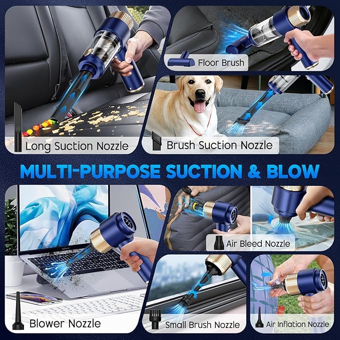 JONYJ Handheld Car Vacuum Cleaner, 16000PA Hand Held Vacuum Portable Cordless, 2 in 1 Air Duster and Vacuum Cleaner with LED Light, Multi-Nozzles, 120W High Power Mini Vacuum for Home, Pet, Office