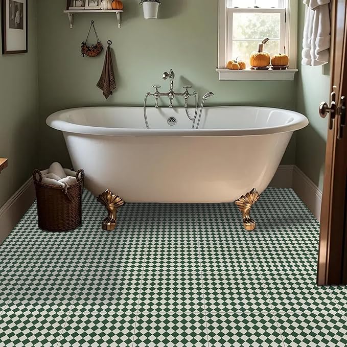 Elffloor Peel and Stick Floor Tile: 20pc 11.8 * 11.8in Self-Adhesive Waterproof Vinyl Flooring Green and White Tiles Sticker for Bathroom, Kitchen, Bedroom, Living Room