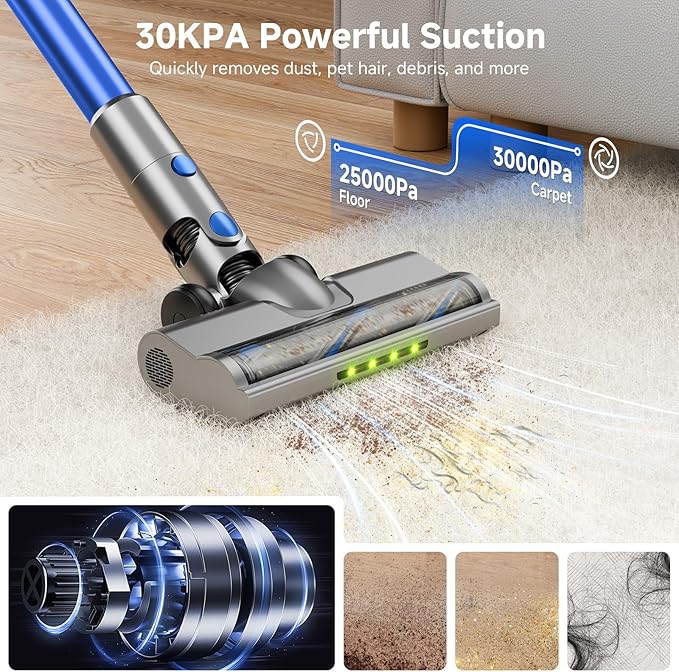 Cordless Vacuum Cleaner for Home, Powerful Stick Vacuum with Rechargeable Battery, Green Light Anti-Tangle Brush, 6-in-1 Lightweight Handheld Vacuum for Pet Hair, Hard Floor, Carpet