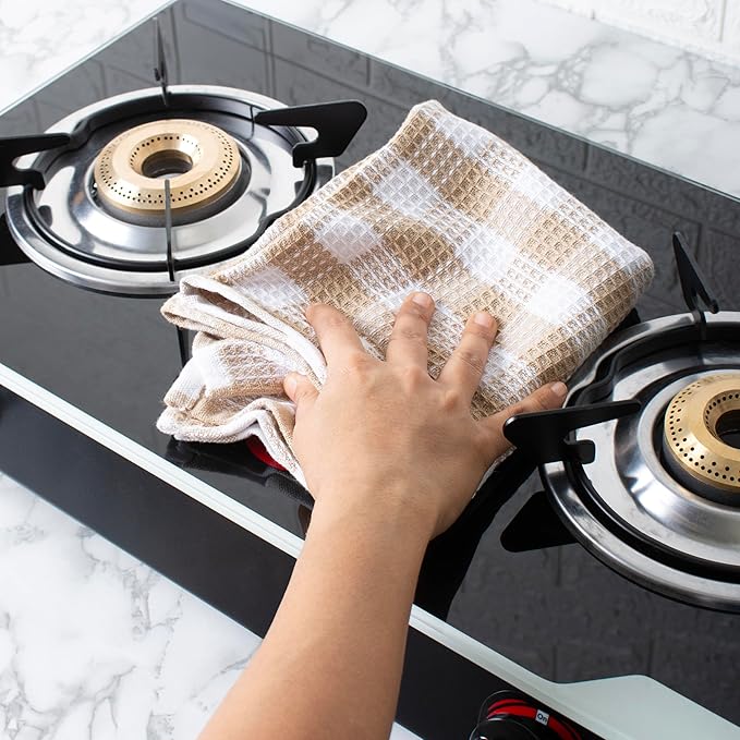 Blue Needles Waffle Weave Check Plaid Kitchen Towels, 15x25 Inches 100% Cotton Set of 6 Dish Towels for Kitchen, Ultra Soft & Absorbent for Quick Drying with Hanging Loop Spring Summer - Beige & White
