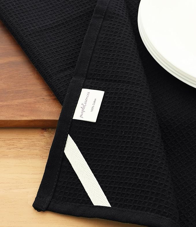 PurpleEssences Waffle Weave Kitchen Towel, 100% Cotton - 15x25 Inches, with Hanging Loop Ultra Soft Absorbent Quick Drying Dish Cloth, Tea and Hand Towels, 6 Pack - Christmas Holiday Winter - Black