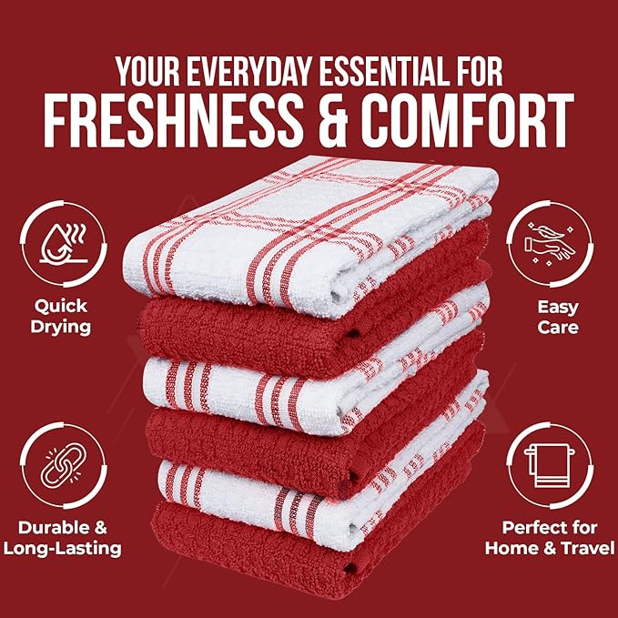DAN RIVER Premium Kitchen Towels - [Pack of 6] 100% Cotton (16x 26 Inches) -Super Soft,Highly Absorbent, Quick Dry, Dish Towels for Kitchen Towels - Red