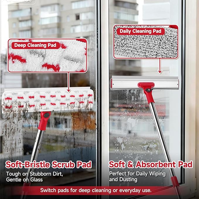 2-in-1 Professional Window Squeegee, 86.6'' Window Cleaner Tool with 6-Section Extension Pole, Window Cleaning Kit with 4 Microfiber Cloth, Window Washing Equipment for in/Outdoor Windows