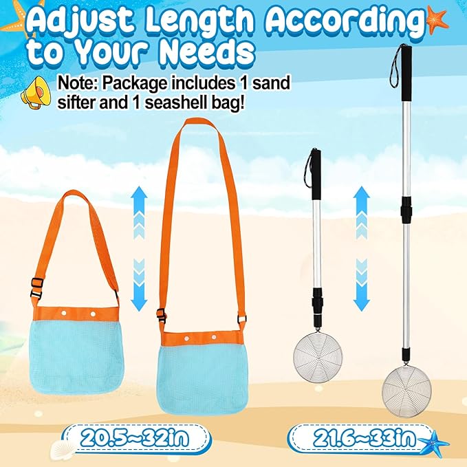 1 Pack Sand Sifter with Seashell Bags - 21.6"~33" Adjustable Shark Tooth Sifter for The Beach Seashell Collecting, Mesh Shovel Scooper with Retractable Handle, Beach Toys for Adults Family Kids