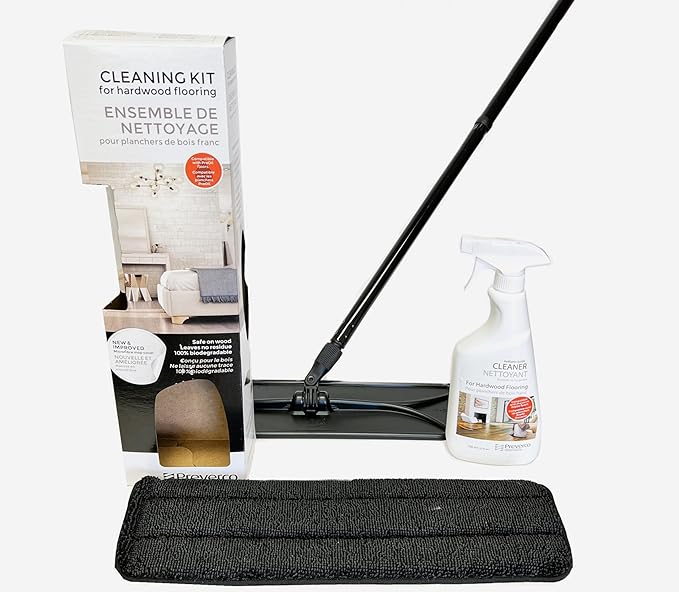 Preverco Professional Hardwood Floor Cleaning Kit – Residue-Free & Non-Abrasive – Safe for Solid & Engineered Wood – Includes Mop & Eco-Friendly Cleaner