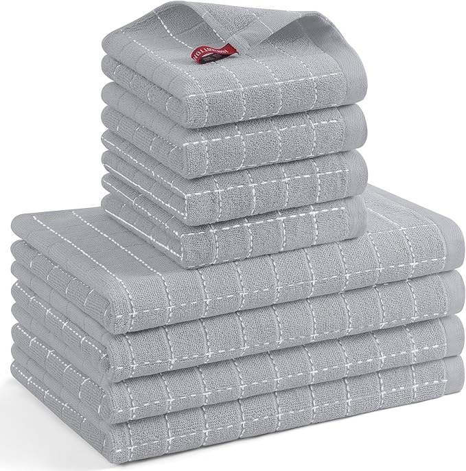 Mordimy 100% Cotton Terrycloth Kitchen Towels and Dishcloths Sets, Soft and Absorbent Checkered Dish Towels, Quick Drying Dish Rags for Washing Dishes, 4 Pack 12" x 12" & 4 Pack 12" x 12", Light Grey