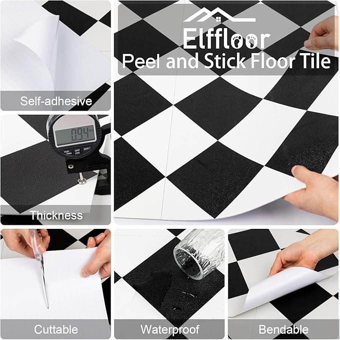 Elffloor Peel and Stick Floor Tile: 10pc 11.8 * 11.8in Self-Adhesive Waterproof Vinyl Flooring Black and White Tiles Sticker for Bathroom, Kitchen, Bedroom, Living Room
