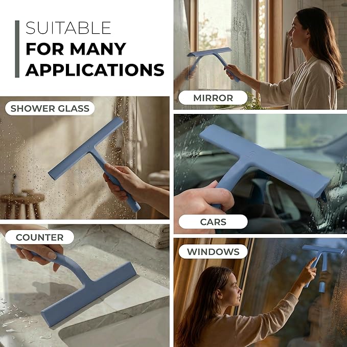GÜTEWERK Shower Squeegee for Glass Doors, Silicone Window Squeegee, Bathroom and Glass Cleaning - Blue - 9 Inch