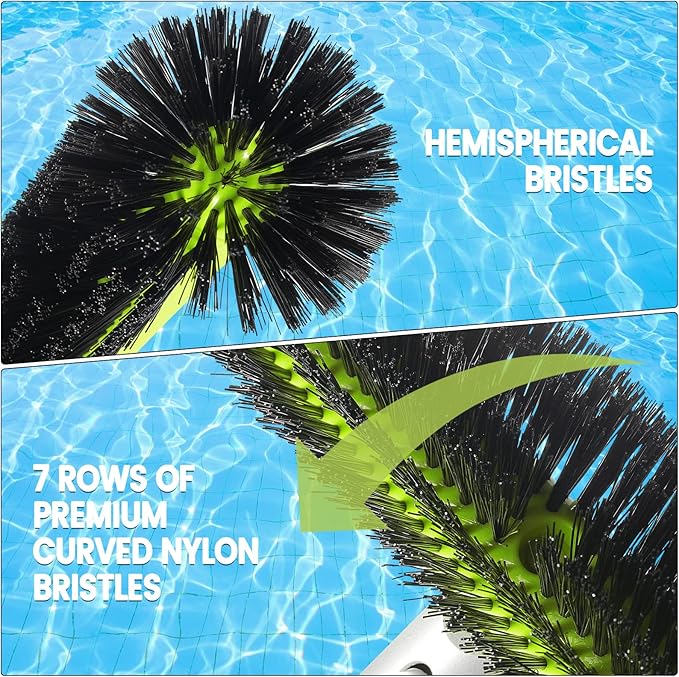 Swimming Pool Brush Head with Round Ends,17.5" Heavy Duty Aluminum Back Head for Cleans Walls, Tiles & Floors, 7 Rows Premium Nylon Bristles with EZ Clips (Green Black)