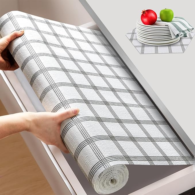 Beautysaid Shelf and Drawer Liner for Kitchen Cabinet, Non Adhesive Non Slip Shelf Paper Waterproof Washable Thickened for Dresser Pantry Shelve Bathroom Protector Liner(Plaid,18 in x 30 FT)