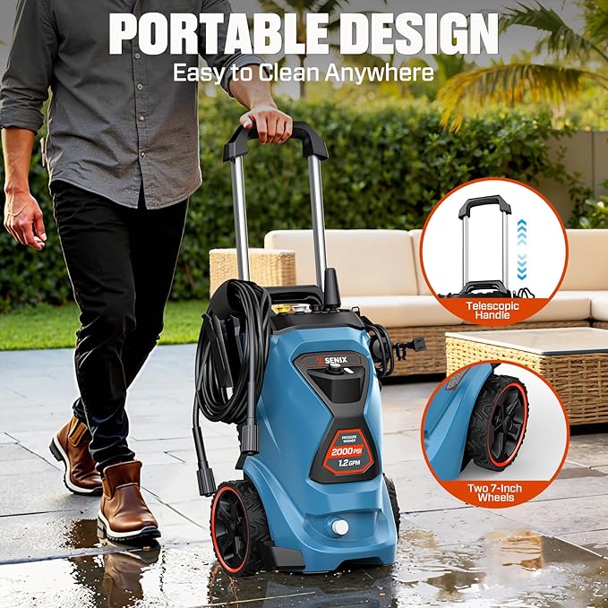 2000 PSI Electric Pressure Washer - 13 Amp, 1.2 GPM, Compact Design with 4 Quick-Connect Nozzles & Spray Gun - Includes 25 ft Hose and 35 ft Power Cord - Ideal for Cleaning Cars, Driveways, Patios
