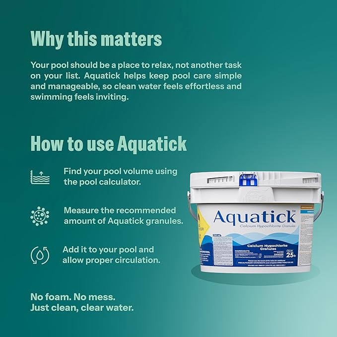 Aquatick Calcium Hypochlorite Pool Shock, 68% Available Chlorine, Non-stabilized granules for Swimming Pools, Designed to Help Control Algae and Maintain Clear Water, 25 lb Bucket