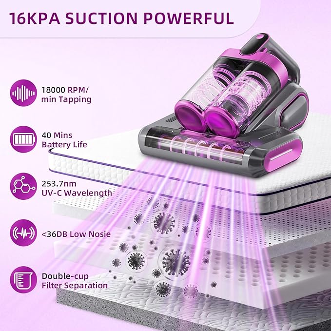 Mattress Vacuum Cordless with 16Kpa Suction & HEPA Dust Cups, 253.7nm UV-C Light & Ultrasonic, Low Noise Widened Suction Port Handheld Vacuum for Bed Pillows Couch Car Seat Rugs, Gray Purple
