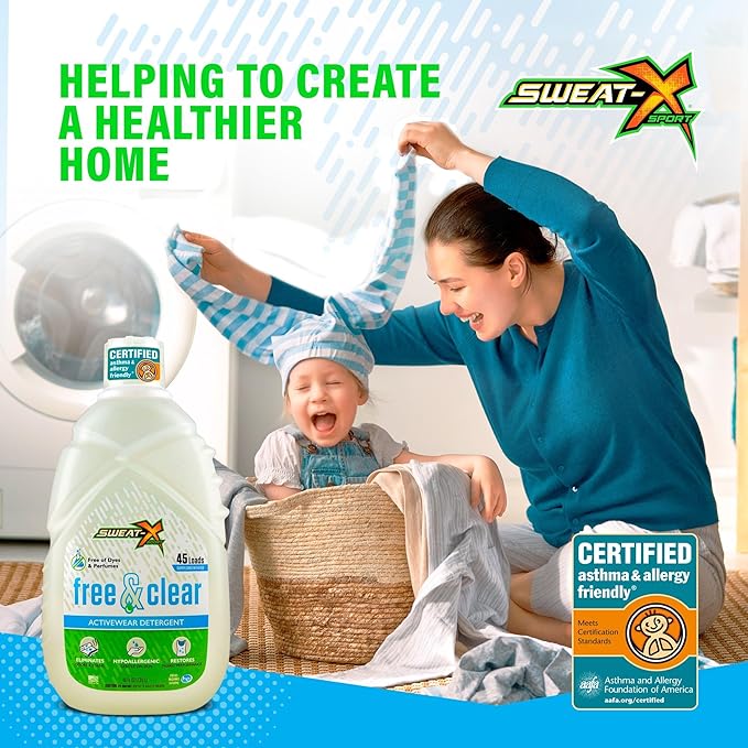 SWEAT X Free & Clear Laundry Detergent Liquid - Natural Non Toxic Laundry Detergent for Sensitive Skin - Gentle Washing Detergent for Activewear & Performance Fabrics - 45 Loads/Bottle, 2 Bottles