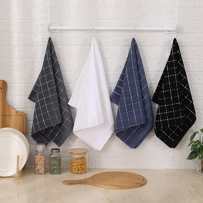 Mordimy 100% Cotton Terry Cloth Kitchen Towels, Super Soft and Absorbent Dish Towels for Drying, Checkered Designed Hand Towels for Kitchen, 16 x 26 Inches, 4 Pack, White