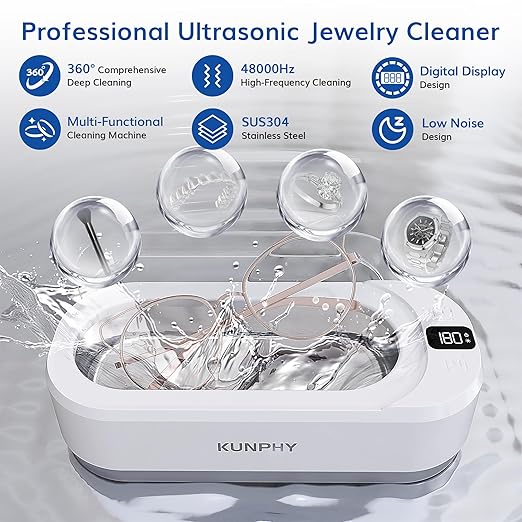 Upgraded KUNPHY Ultrasonic Jewelry Cleaner, 350ML 48KHz Professional Ultrasonic Cleaner Machine with 3 Digital Timers, Touch Operation for Eyeglass, Watches, Ring, Silver, Gold, Diamond