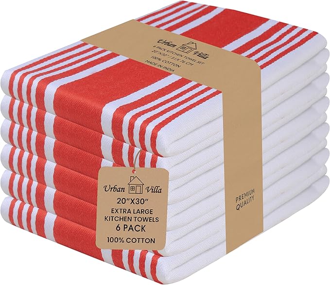 Urban Villa Kitchen Towels 100% Cotton Dish Towels for Kitchen (Set of 6) 20”x30” Dish Cloths Highly Absorbent Kitchen Linen Set with Hanging Loop Perfect for Drying Dishes Cleaning Towels-Red White