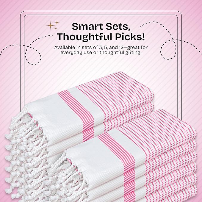 Pink Turkish Kitchen Towels 16x26 Inch, 3 Pack, 100% Cotton, Ultra Absorbent, Soft, Fast Dry, Machine Washable, Dish Towel with Tassels for Drying Dishes, Cleaning, Everyday Use