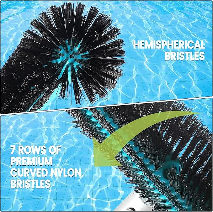 Swimming Pool Brush Head with Round Ends,17.5" Heavy Duty Aluminum Back Head for Cleans Walls, Tiles & Floors, 7 Rows Premium Nylon Bristles with EZ Clips (Blue Black)