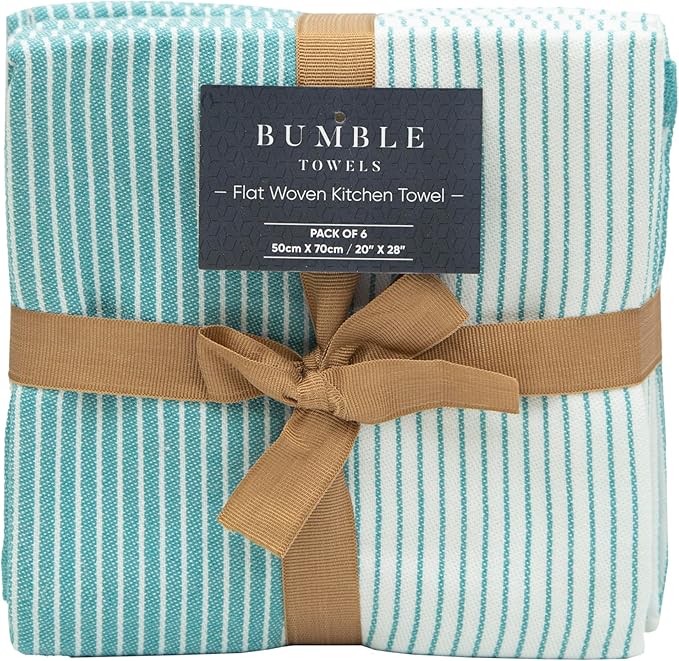 Premium Kitchen Towels (20”x 28”, 6 Pack) | Yarn Dyed Flat Woven Stripe Kitchen Towel Set| 238 GSM | Highly Absorbent with Hanging Loop | Aqua