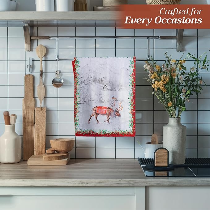 Maison d' Hermine Kitchen Towels Set of 3 100% Cotton 20" x 27.5" Reusable Cloth Tea Dish Towels Absorbent with Hanging Loop for Kitchen Dining Thanksgiving Christmas Decorations (Christmas Tradition)