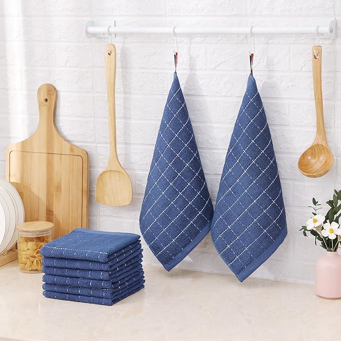 Mordimy 100% Cotton Terry Cloth Dish Cloths, Soft and Absorbent Checkered Dish Towels, Quick Drying Dish Rags for Washing Dishes, 8 Pack, 12 x 12 Inches, Navy